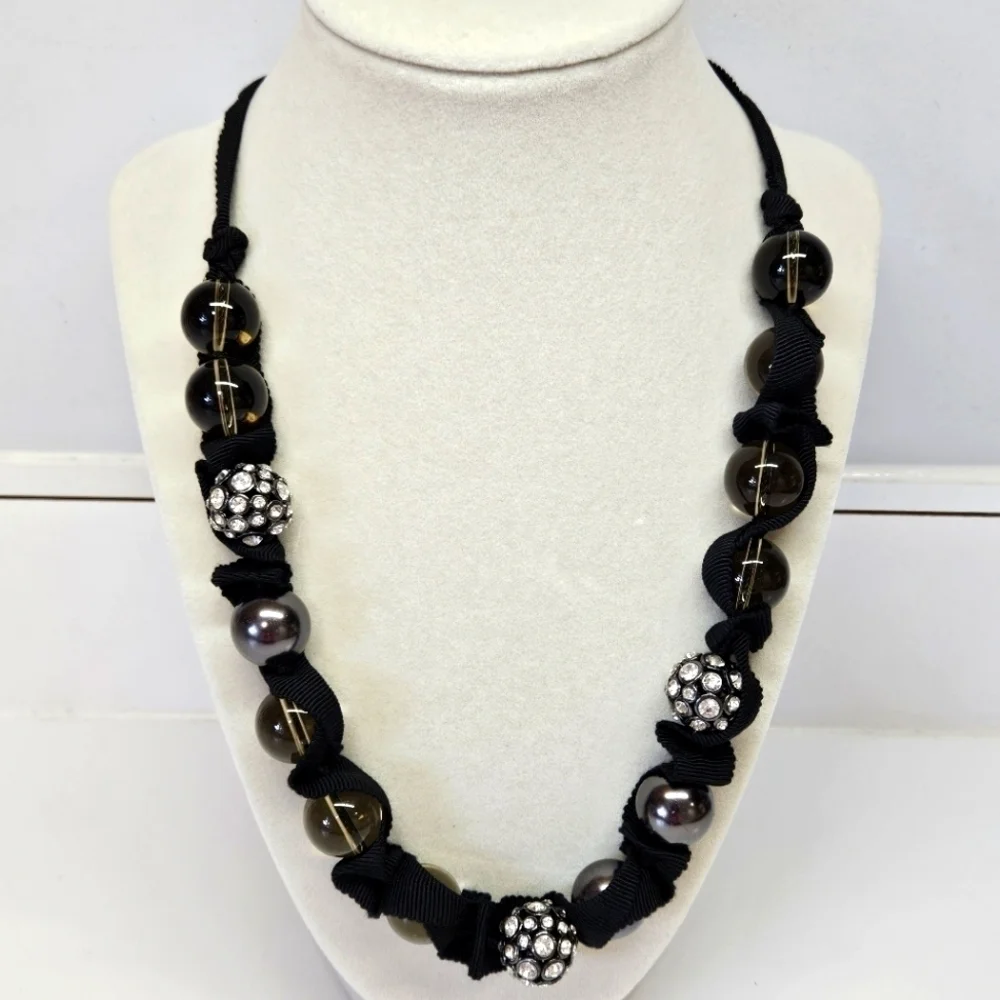 J. Crew Glass and Rhinestone Beaded Black Ribbon Tie Statement Necklace